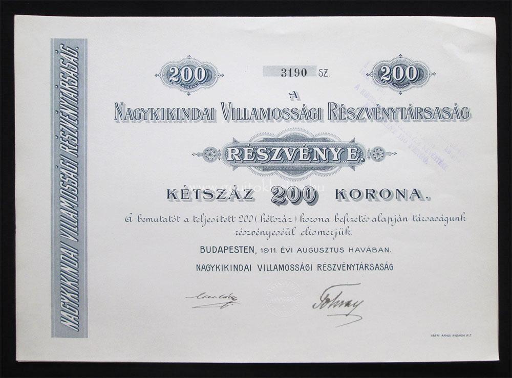 Nagykikindai Villamossgi Rt. rszvny 200 korona 1911 (SRB)